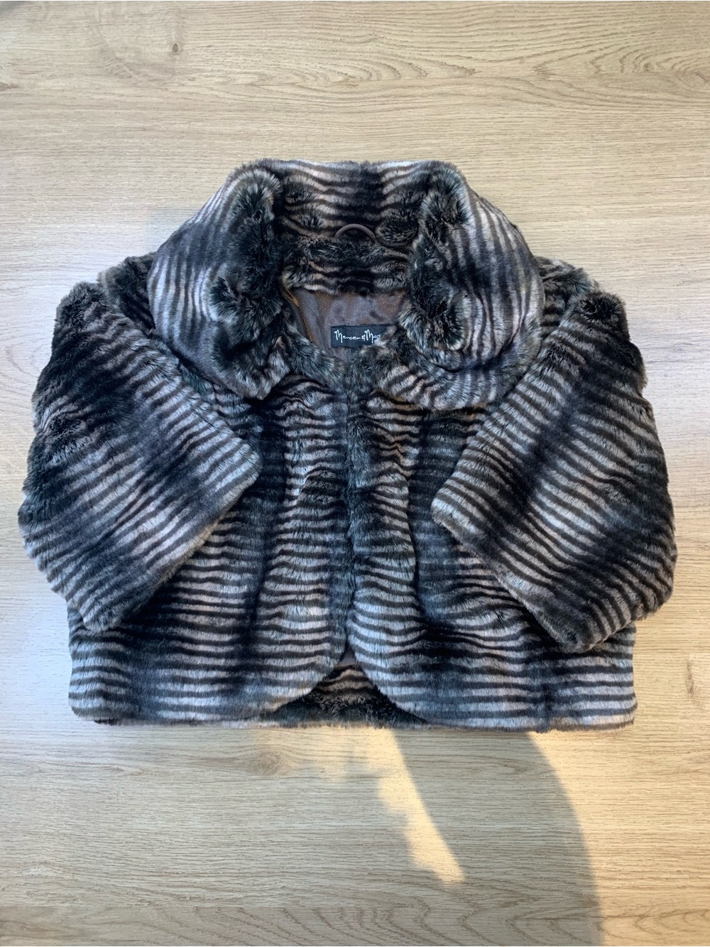 Mercer & Madison Striped Faux Fur Cropped Jacket Mob Wife Brown Grey